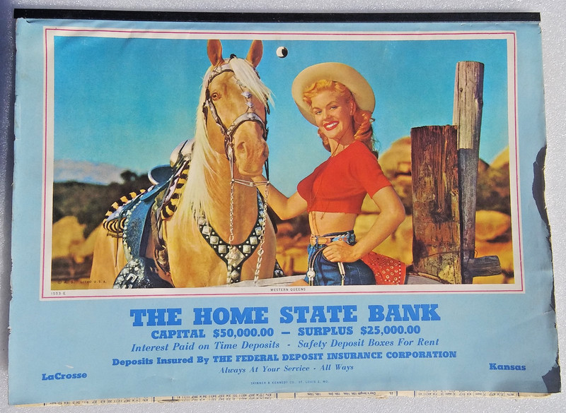 1958 La Crosse Kansas Home State Bank Calendar Pretty Cowgirl Betty Hutton like