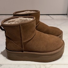 UGG Classic Mini Platform Shearling Lined Chestnut Suede Boots Women's Size 8