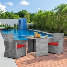 3PCS Outdoor Rattan Conversation Set Patio Dining Table Set w/ Red Cushions