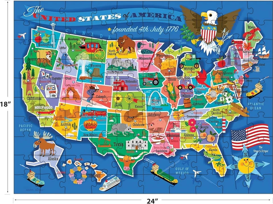 Mapa dos EUA quebra-cabeça para crianças – 100 peças grandes, 24 x 18” – unidade educacional - Imagem 2 de 4