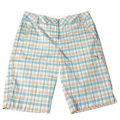 Puma Bermuda Golf Shorts Women's Size 8 Plaid Orange/ Blue Moisture Wick