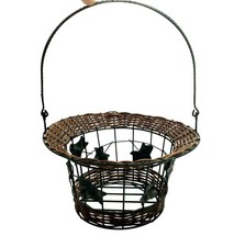 Decorative Metal Wire Basket w Wicker Tall Handle - Metal Leaves