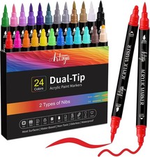 24 Colors Acrylic Paint Pens, Dual Tip Pens With Medium Tip and Brush Tip
