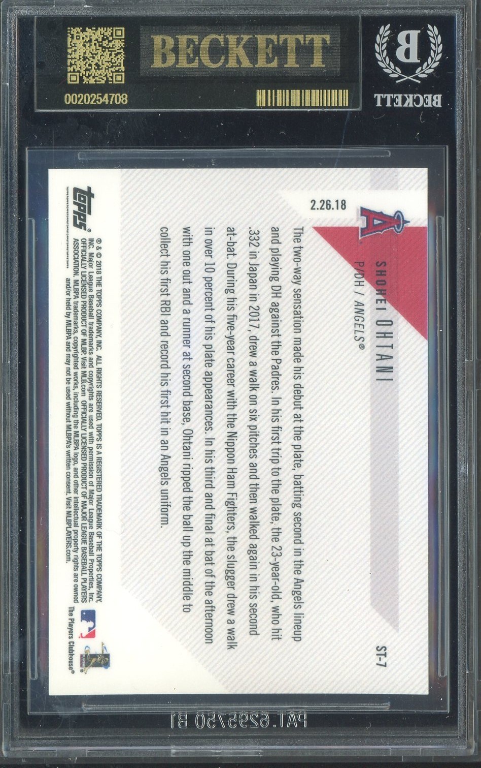 2018 Topps Now Spring Training #ST7 Shohei Ohtani RC Rookie BGS 10 BLACK LABEL view 2