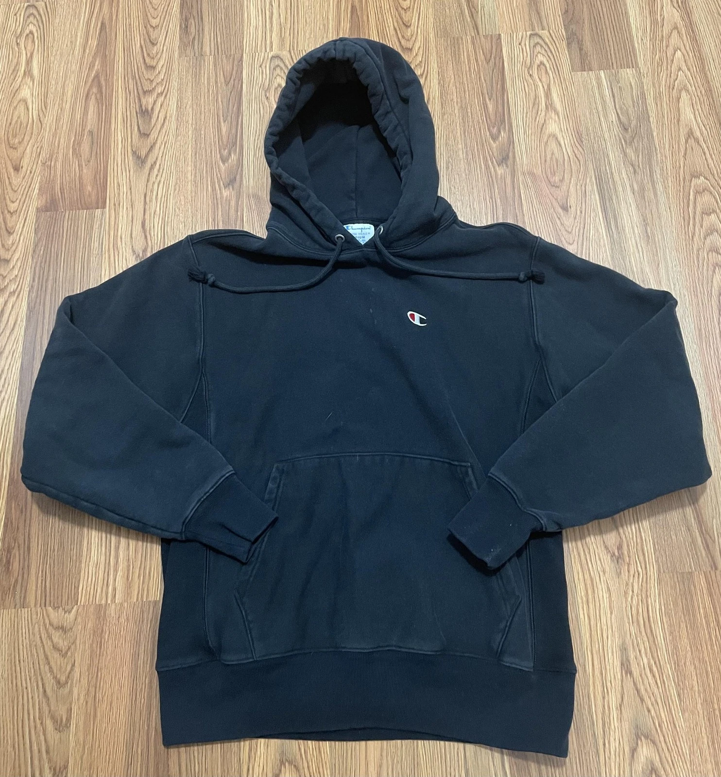 Champion Reverse Weave Hoodie Mens Medium Black Pullover Embroidered Logo