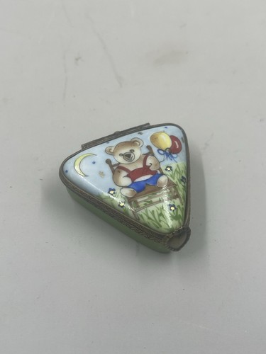 Vintage Peint Main Limoges France Trinket Box Bear with Balloons Triangle Party
