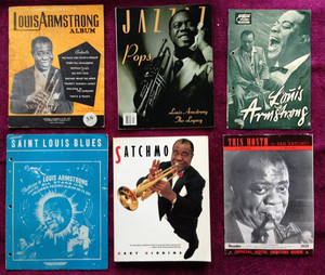 COOL LOUIS ARMSTRONG BOOK, PUB, EPHEMERA COLLECTION; JAZZ/TRUMPET/MUSIC PHOTOS +
