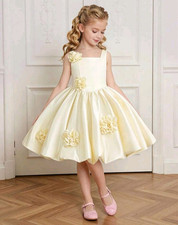 Handmade Girls Ivory Satin Floral Applique Dress Formal Party Wedding Size 4-8-T