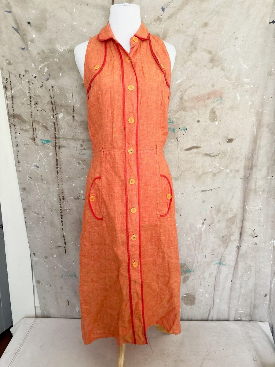 Weekend Max Mara Linen Shirt Dress Sz 8 - Orange Button Collared Sleeveless Midi