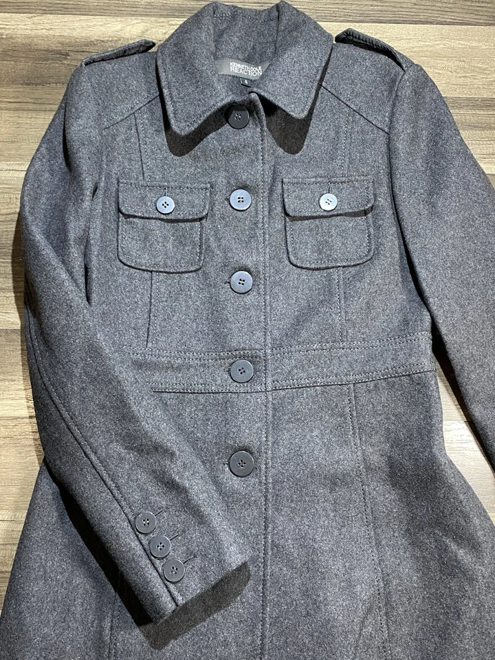 Abrigo de vestir de lana Kenneth Cole para mujer | Ajuste militar y acampanado línea A | Talla 4 gris Foto 4 de 4