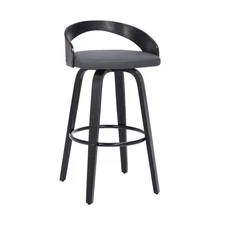 Sonia 30" Bar Height Swivel Gray Faux Leather and Black Wood Bar Stool