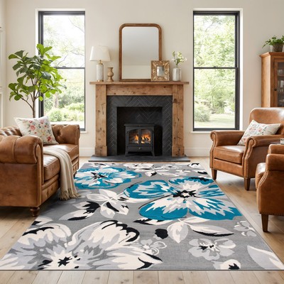 Rugshop Area Rug Modern Floral Design Carpet Rugs for Living Room Blue Rugs 8x10