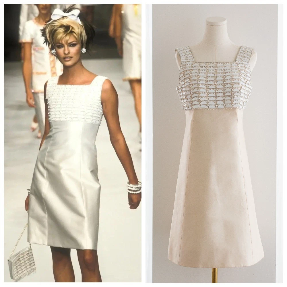 Mini Abito Chanel Vintage S S 1996 Sposa Impreziosito Bianco Shantung Seta 96P