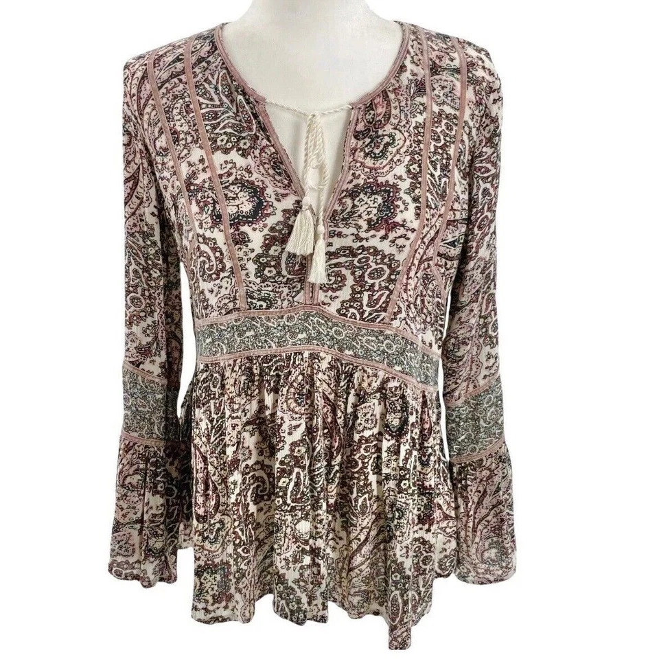 AEO AMERICAN EAGLE Peplum Top Paisley Print Bell Sleeve Peasant Blouse Boho MED - Image 2 of 4