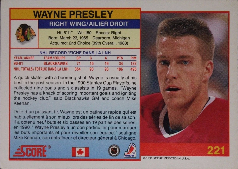 Wayne Presley Blackhawks Autographed 1991 Score #221R Hockey Card JSA 16H - Image 2 of 2