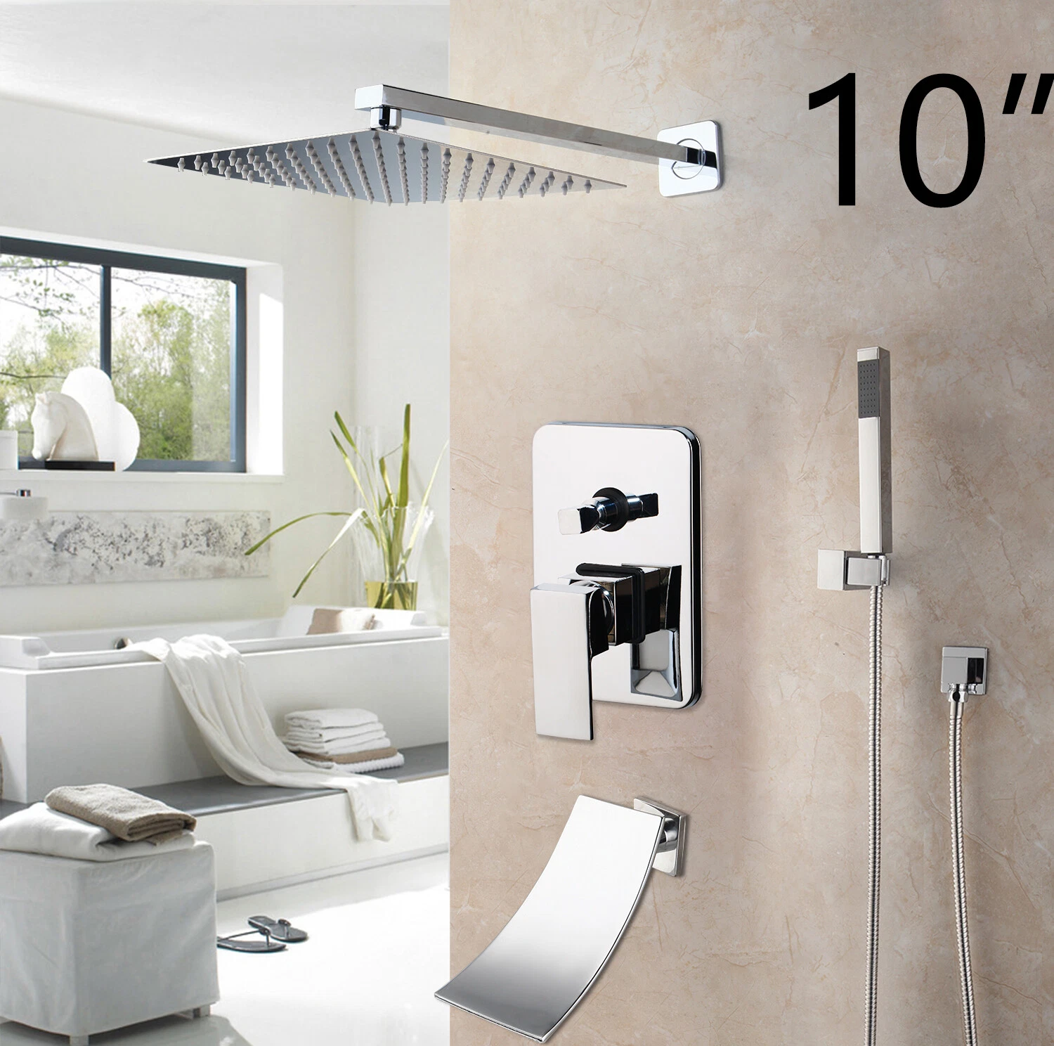 10" Rain Shower Faucet Set Square Shower Head Mixer Bathtub Waterfall Spout Taps
