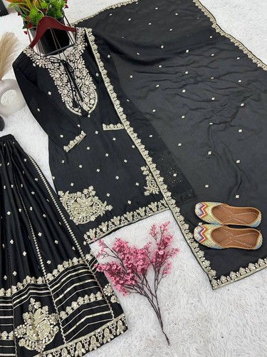 Indian Ethnic Women Sharara Designer Silk 3 Piece Readymade Eid Silk Salwar Suit - Picture 9 of 10