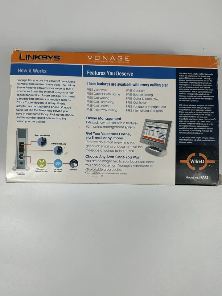 Linksys Phone Adapter Vonage With 2 Port Voice Over IP PAP2 Start Up Kit - Image 2 of 4