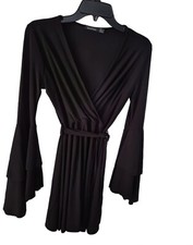 Boohoo Black Dress Womens Size 4 V Neck Wide Flutter Long Sleeves Tie At Waist 