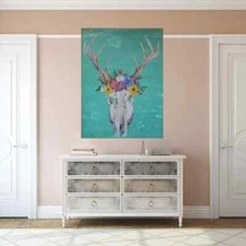 Original Modern Colorful Deer Cow Skull Floral Flower Boho Chic Large Room Art