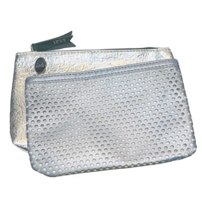 Lot of 2 Ipsy Glam Bag Cosmetic Pouch Metallic Silver Zipper Top Toiletries