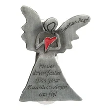 PEWTER AUTO VISOR CLIP "GUARDIAN ANGEL - NEVER DRIVE FASTER"