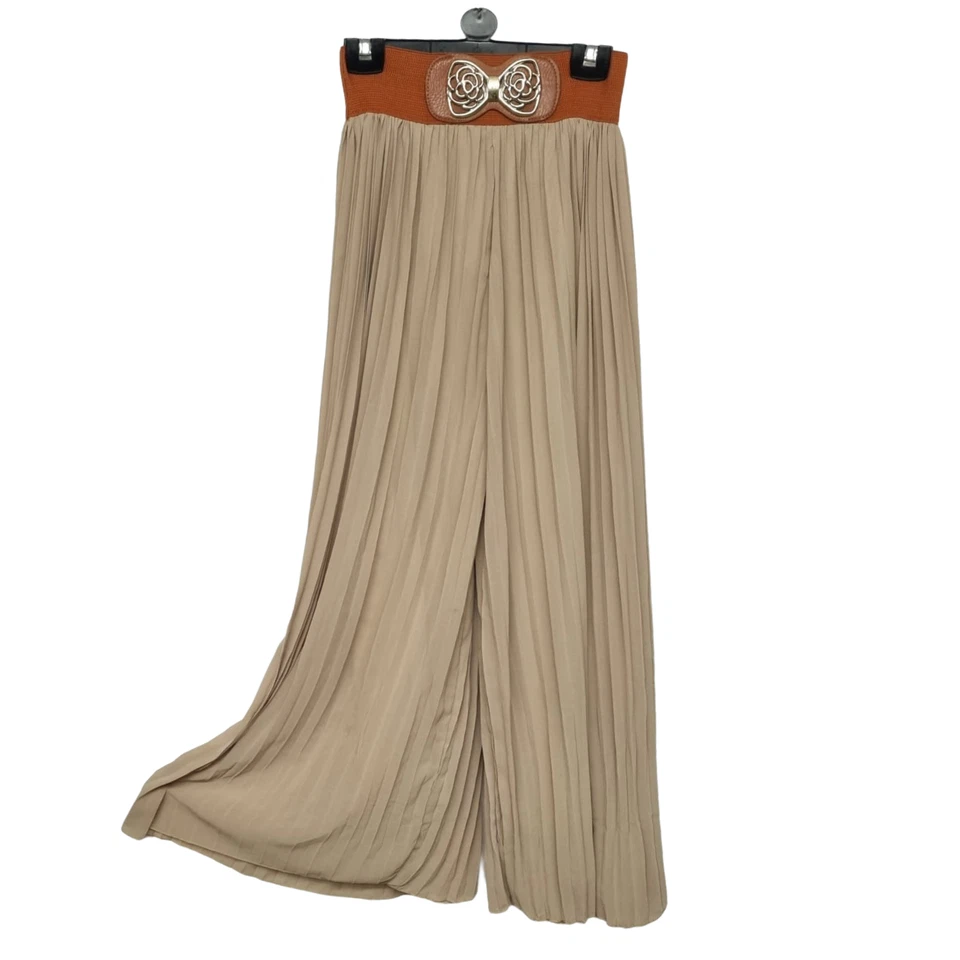 New Women Pleated Chiffon Summer Wide Leg Belted Trouser Pants Baggy Loose Style - Image 2 of 4