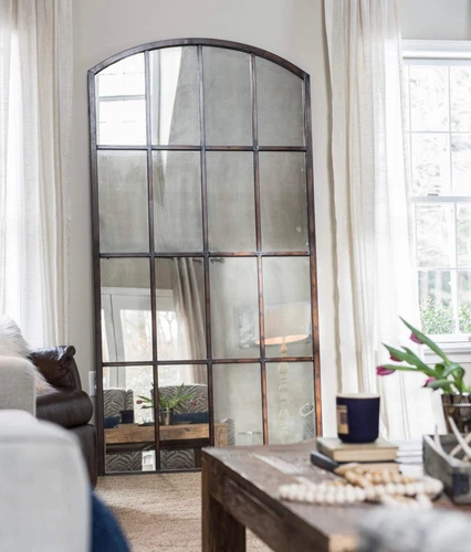XL Antiqued Windowpane Arch Mirror Leaner Wall Floor Hand Forged Bronze 82"H - Picture 2 of 18