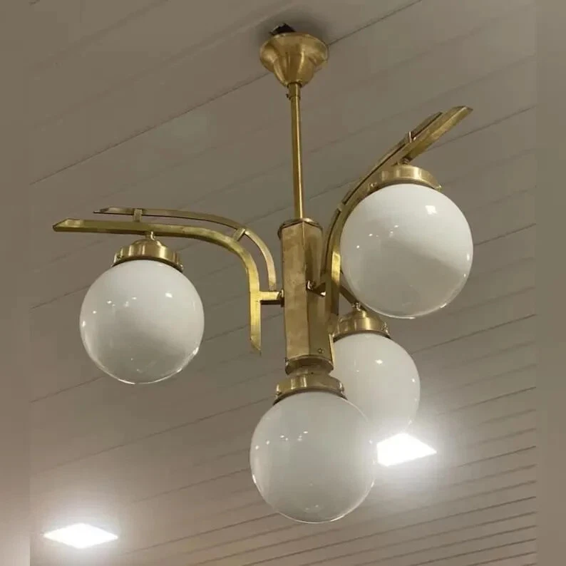 Plafonnier Art Déco Tulipe En Verre Givré à Facettes Dorées – Vintage