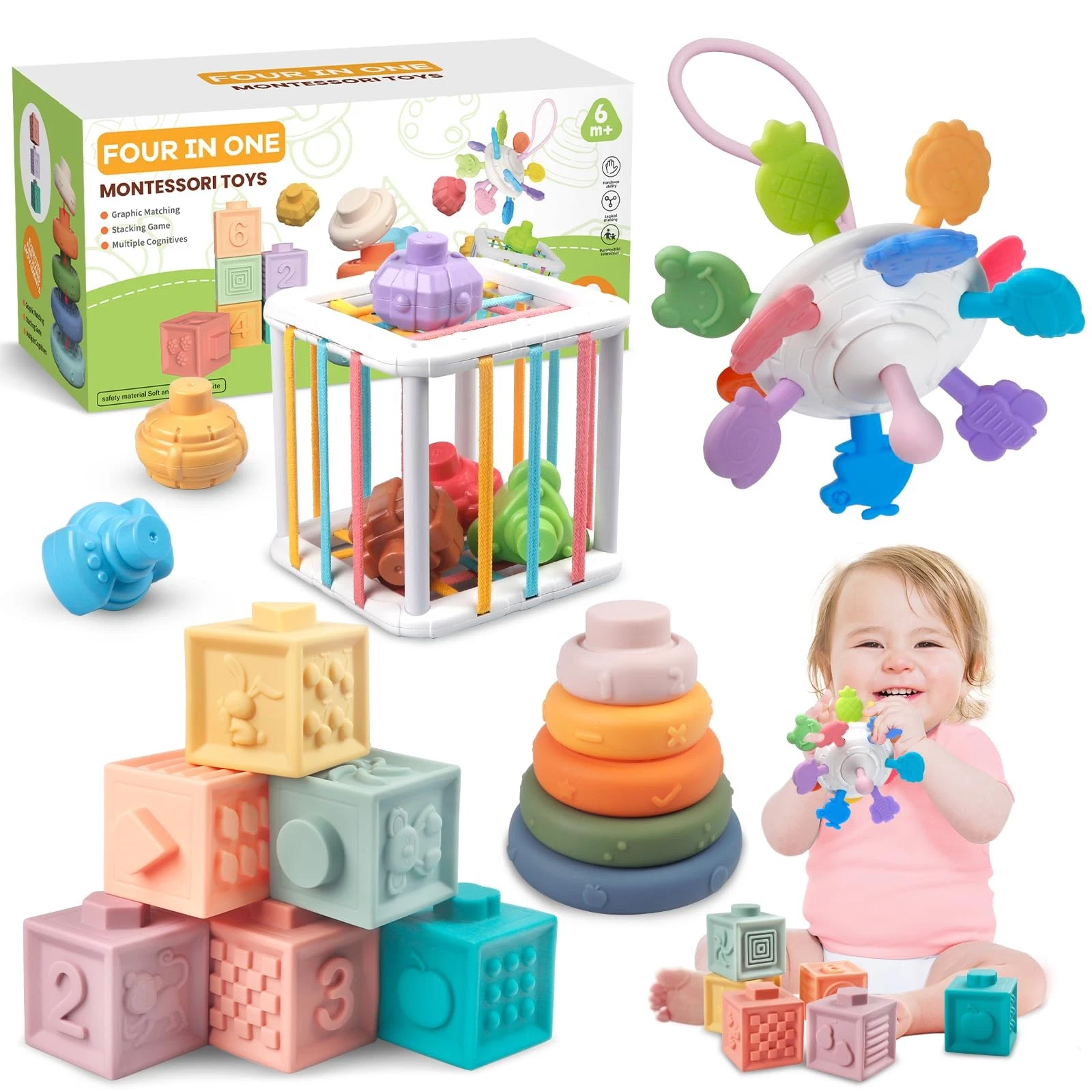 4-in-1 Baby Toys Montessori Soft Stacking Blocks for Babies, Infants Teething...