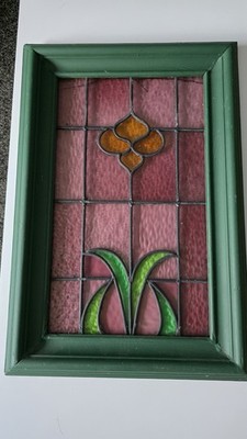 Gerahmte Vintage viktorianische Buntglas Tiffany-Stil Holz Floral Panel  