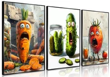 Funny Kitchen Canvas Wall Art Set of 3 Whimsical Pickle Wall Decor Pictures C...