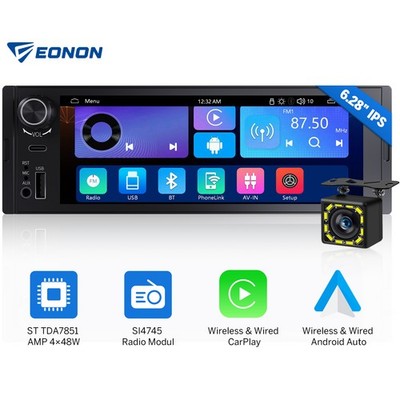 Single DIN Wireless CarPlay Android Auto 6.28'' Car Stereo w/ RDS AM/FM Bluetooth