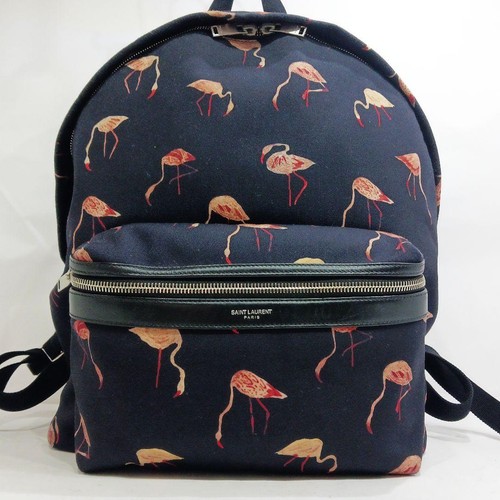 YSL Saint Laurent Flamingo Backpack Bag Black Canvas Leather Zip Women's