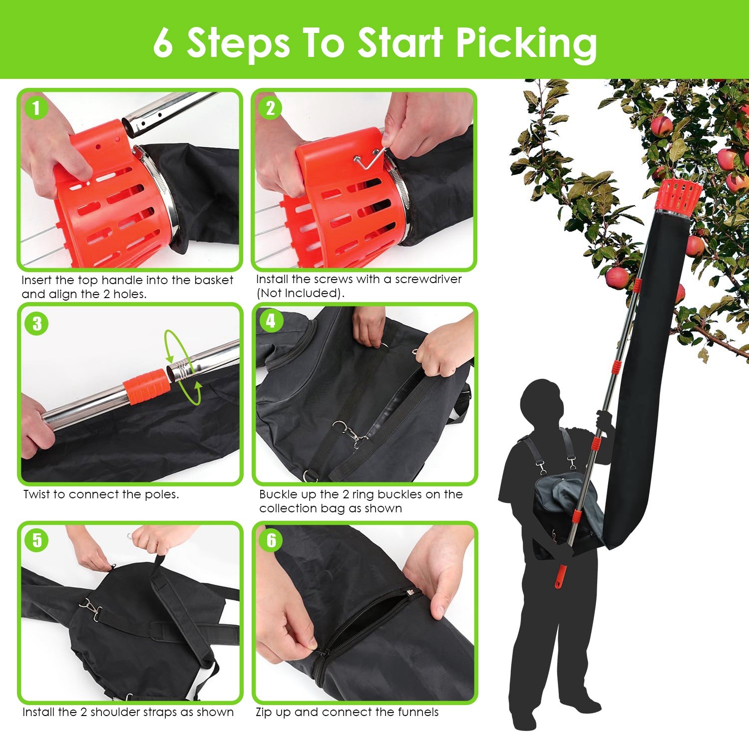 Fruit Picker Pole with Harvest Bag 13.43 ft Extendable Stainless Steel