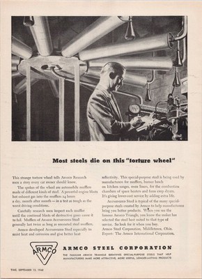 Armco Steel Original 1948 Print Ad Torture Wheel Mufflers Vintage