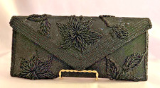 Vintage Elegant Black Beaded Sequin Clutch Purse Evening Bag Made In Hong Kong