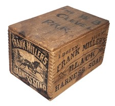 Antique 1890s Frank Miller Black Harness Soap Wooden Crate w Contents & Ephemera