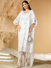 Dubai Dress Abaya Tassel Pearl Robe Kaftan Women Embroidered Bat Sleeve Gown