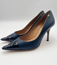 Tory Burch Penelope Cap Toe Heels 10 Navy Blue Black Cap Toe