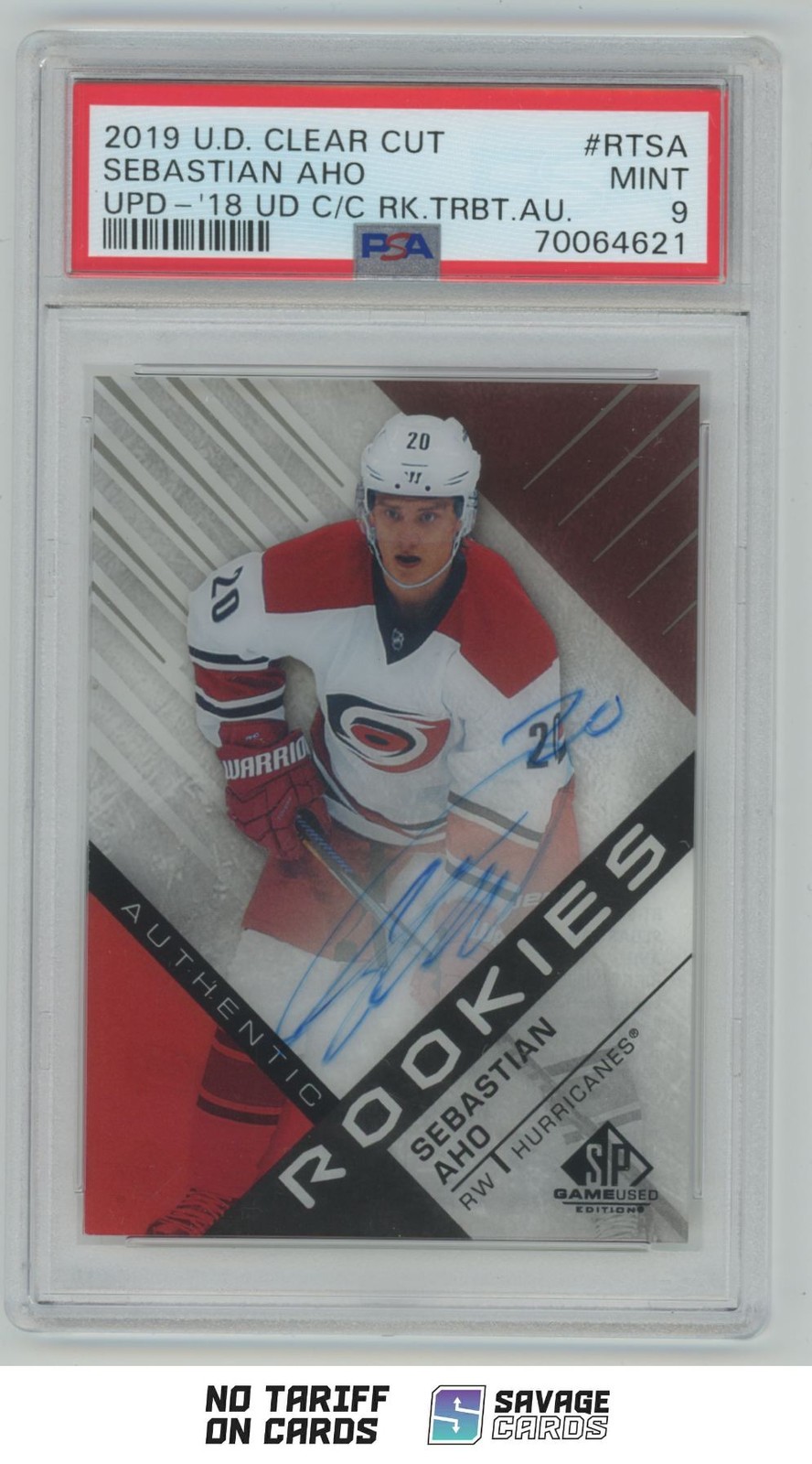 2019-20 UD Clear Cut Authentic Rookies Tribute Auto Sebastian Aho PSA 9 #RT-SA