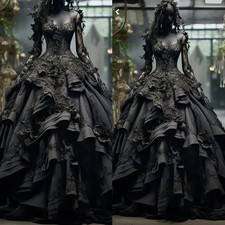 Elegant Gothic Black Lace A Line Wedding Dresses with 3D Florals Long Sleeves