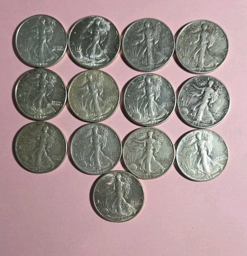 90% Silver Walking Liberty Half Dollars Lot Of 13 Coins XF