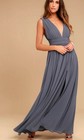 Lulus Plunging V-Neck Chiffon Gown Maxi Dress Dusty Blue Gray Wedding Bridesmaid