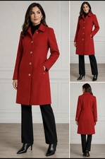 HALSTON Red Polyester Blend Coat Small NWT Gold Button Designer Midi Coat