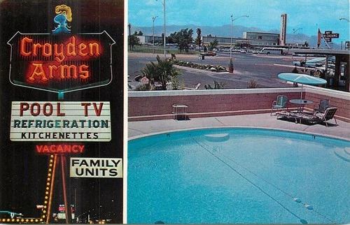 Vintage Croydon Arms Motel Las Vegas NV Pool Neon Sign Mid-Century Postcard