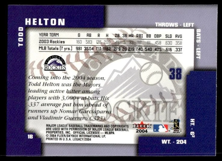 2004 Fleer Todd Helton #38 Colorado Rockies - Image 2 of 2