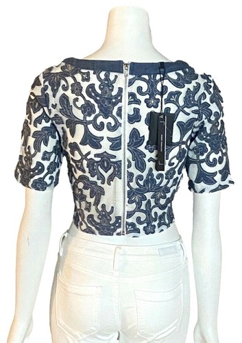 Robert Rodriguez Womens Short Sleeve Mesh & Jean Embroidered Detail Crop Top 6 - Picture 3 of 3