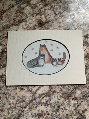 Cat and Kittens Hand Colored Print Signed By Artist Polly French-unverified