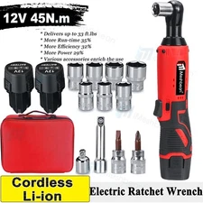 12V 3/8'' Cordless Ratchet Right Angle Wrench Impact Power Tool+2 Battery 45NM